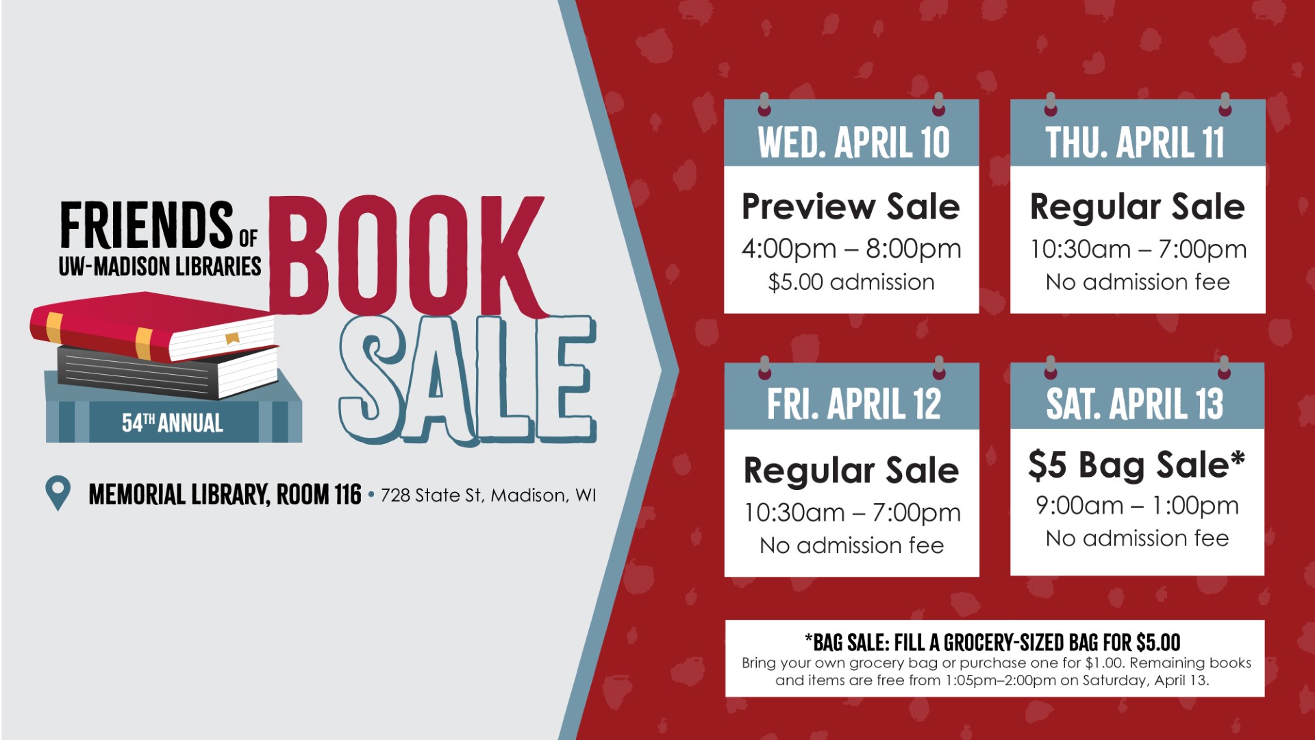 Friends of the UW Madison Book Sale April 10-14 Friends of the UW Madison Book Sale April 10-14