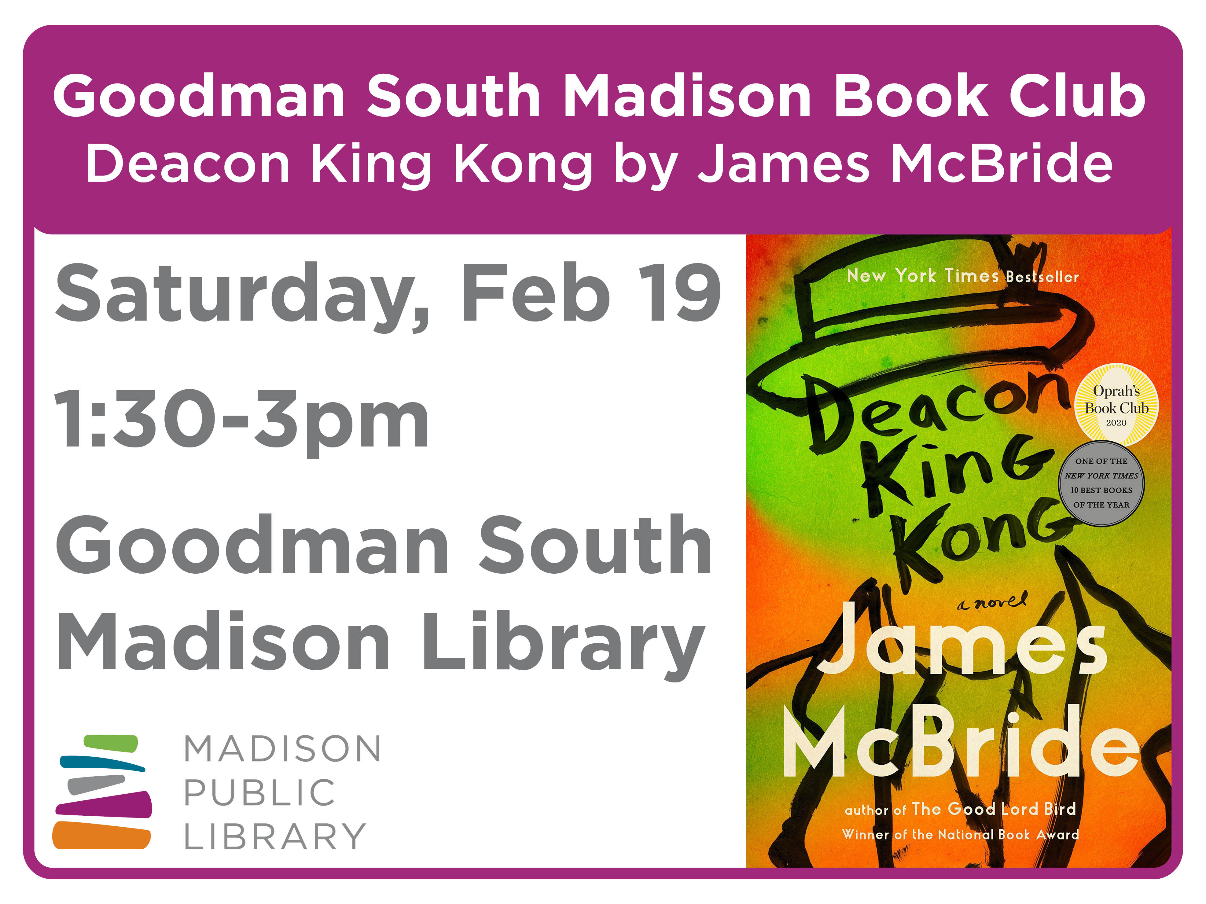Goodman South Madison Book Discussion of Deacon King Kong by James McBride
