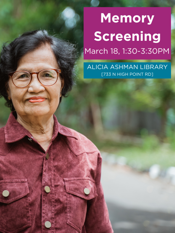 Memory Screening at Alicia Ashman Library on March 18 hosted in partnership with ADRC of Dane County
