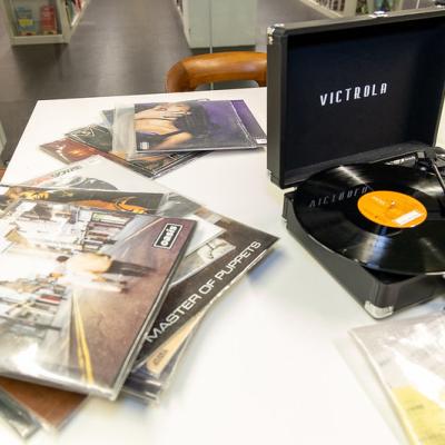Record Player and Vinyl Records are available for check out from Madison Public Library's Library of Things