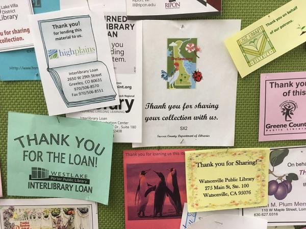 Interlibrary Loan Thank You Notes Hung on a Bulletin Board