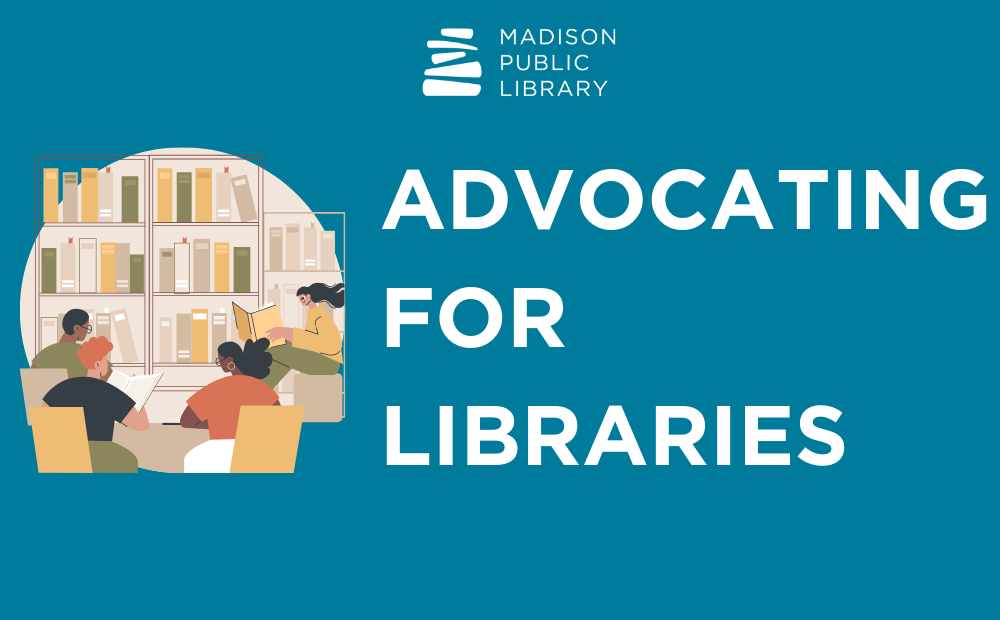 Graphic illustration of multi-ethnic people sitting and reading with a bookshelf behind them and the words "advocating for libraries"