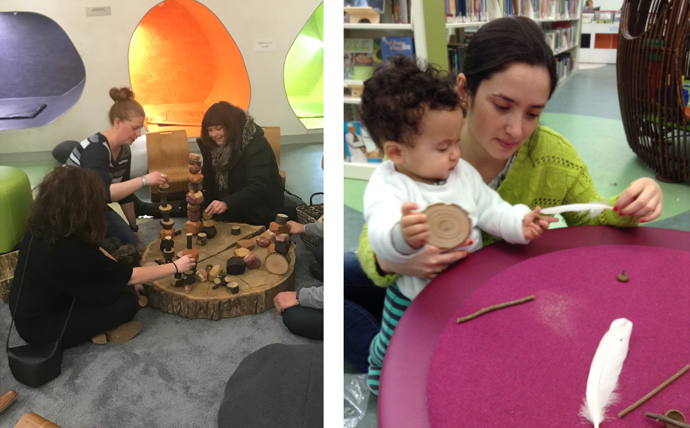Left: Educators play with wooden blocks; Left: Parent and child play together