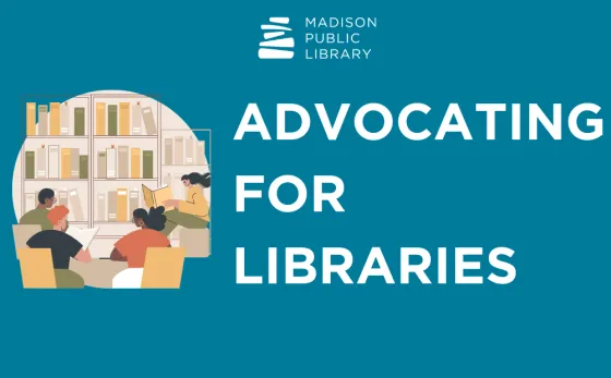 Graphic illustration of multi-ethnic people sitting and reading with a bookshelf behind them and the words "advocating for libraries"
