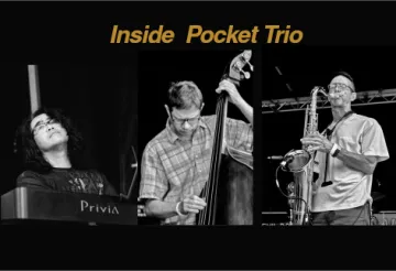 Black-and-white photos of each member of the Inside Pocket trio playing their instruments. Black-and-white photos of each member of the Inside Pocket trio playing their instruments.