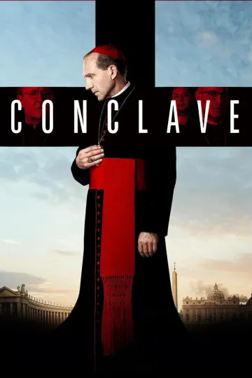 a catholic cardinal dressed in traditional black cossak and red accoutrements stands in front of a cross that says "Conclave" a catholic cardinal dressed in traditional black cossak and red accoutrements stands in front of a cross that says "Conclave"