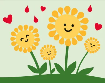 Happy cartoon daisies with red hearts and blood drop symbols Happy cartoon daisies with red hearts and blood drop symbols