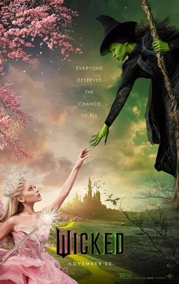 Galinda wears a pink dress and reaches up toward Elphaba, clad in black, who is flying on a broomstick Galinda wears a pink dress and reaches up toward Elphaba, clad in black, who is flying on a broomstick