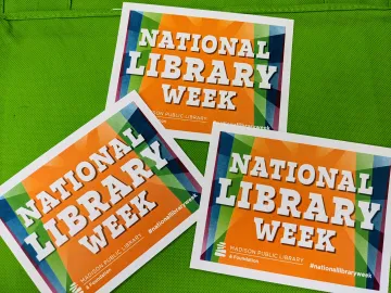 National Library Week postcards on a green background