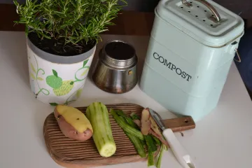 Photo of partially-cut vegetables next to a cute little container labeled "Compost," courtesy of Lenka Dzurendova on Unsplash Photo of partially-cut vegetables next to a cute little container labeled "Compost," courtesy of Lenka Dzurendova on Unsplash