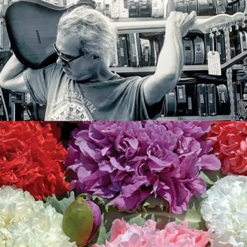 Chad Anderson holding a guitar and an image of brightly colored flowers Chad Anderson holding a guitar and an image of brightly colored flowers
