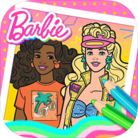 A black Barbie and white Barbie pose in a photo with the Barbie logo and two colored pencils