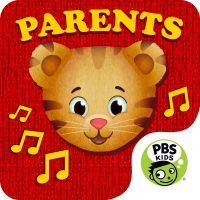 Daniel Tiger's face is on a red, sweater textured background with the word Parents and musical notes in yellow. The PBS Kids logo is in the bottom corner.