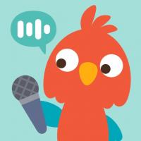 A cartoony red parrot holds a microphone and speaks a few lines into it
