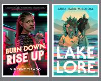 Two book covers, Burn Down Rise Up and Lakelore