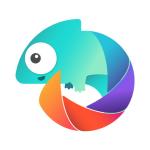 ColorHunt.jpg rainbow colored chameleon with a tail that looks like a camera shutter