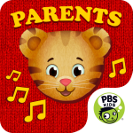 DT_Parents_icon.png Daniel Tiger's face is on a red, sweater textured background with the word Parents and musical notes in yellow. The PBS Kids logo is in the bottom corner.