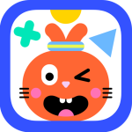 Orange faced character with one eye closed and a big grin, surrounded by shapes
