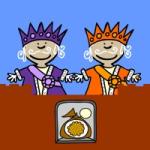 kingstrade.jpg Two kings stand on top of a castle wall, a bag of cookies below them.
