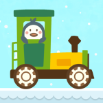 labotrain4.png Cute penguin rides in a green and yellow locomotive on a blue background
