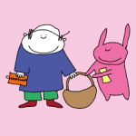 lassashopping.png person and pink rabbit hold a basket, person has a walllet