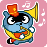 pangomusical.png raccoon in a marching band uniform plays a sousaphone on a pink background