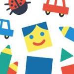 pok-pok-playroom-logo.jpg A jumble of colorful playthings including a yellow square face with blue hair, blue eyes and a red mouth, a red and blue toy car, red, blue and green crayons and a ladybug