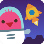 sagospaceblocks.png Robin the pink bird waves in a space suit, yellow rocketship in the background on a purple lunar landscape