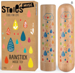 Wooden rain sticks with colorful painted raindrops on them for kids