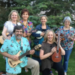Front Porch string band holding various instruments, including ukuleles and a banjo