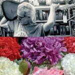 Chad Anderson holding a guitar and an image of brightly colored flowers