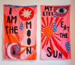 two fabric banners with text that read "I am the moon my eyes eat the sun" two fabric banners with text that read "I am the moon my eyes eat the sun"